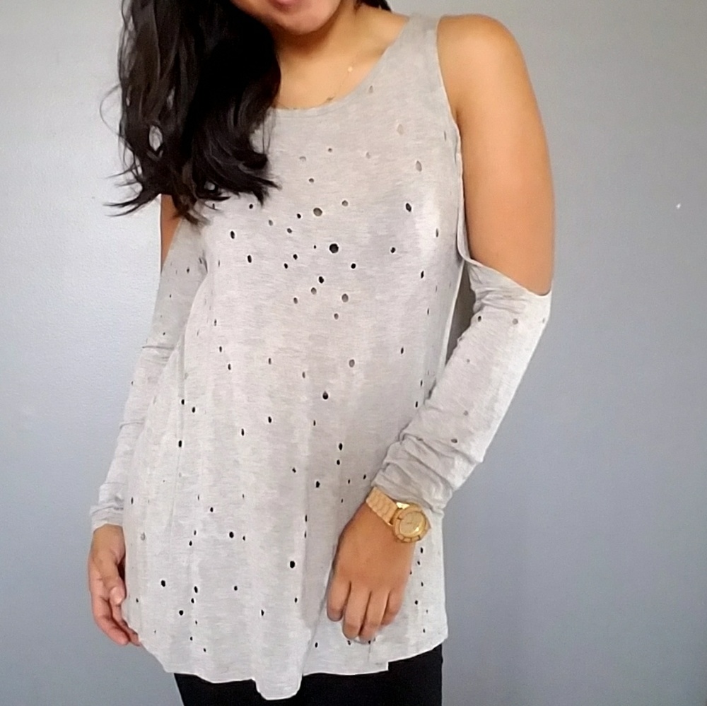 🍁BOGO🍁GRAY PERFORATED COLD SHOULDER TOP - Picture 3 of 6